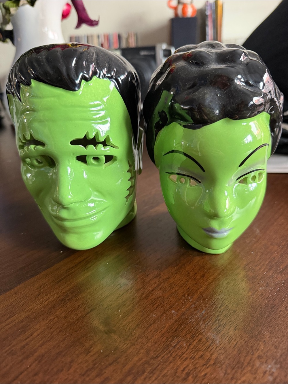 Pair of Lime Green Ceramic light up Frankenstein pair